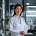 掌中美母创始人林晓薇专业形象——身着白大褂的女性配方师在实验室环境中自信微笑，专业感强