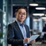 掌中美母技术总监陈建先生的专业形象照，他神情专注，手持笔记本，背景为现代化的技术研发办公室，体现其在互联网产品技术领域的深厚积累
