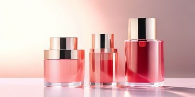 掌中美母晨光焕颜套组产品图——玫红渐变包装的精华水与乳液整齐排列，背景为清晨柔和光线，清新专业感强