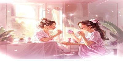 掌中美母3分钟急救面膜使用场景图——一位妈妈在浴室镜前敷膜，表情放松愉悦，玫红光晕映照出肌肤水润光泽